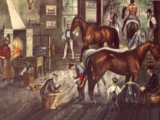 Trotting Cracks - The Forge - Early American Farrier Shop with horses, blacksmith at the forge heating a horseshoe - customer and young boy watching the farrier.