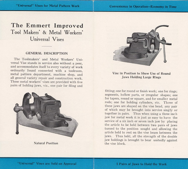 Emmert Advertising Flyer page 1. The Emmert Improved Tool Makers and Metal Workers Universal Vise.