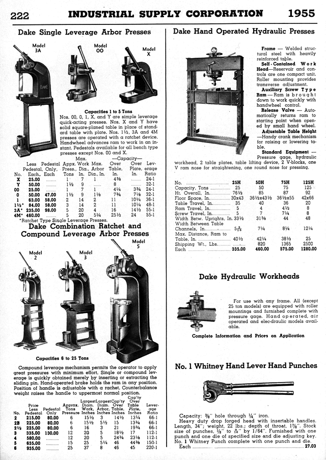 Dake Arbor Presses, Hydraulic Press, Hand (lever) Punches