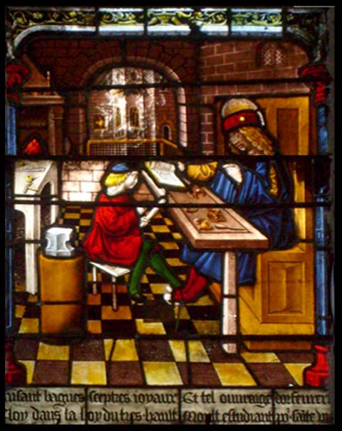 Stained Glass Window Detail- The life of Ste. Eloi (St. Eligius) Jewelers Shop
