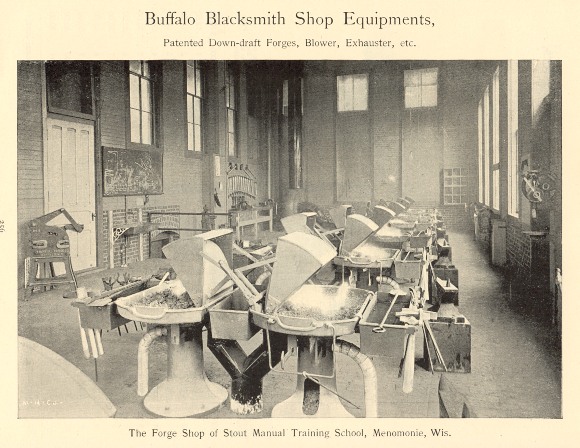 'Forge shop of Stout Manual Training School, Menomonie, Wis.' Click for detail image.
