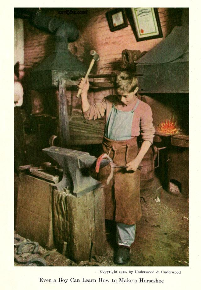 Fronticepiece, 'Even a Boy Can Learn How to Make a Horseshoe', Underwood and Underwood, photographers, 1911, blacksmith shop, bellows, forge, anvil, hammer