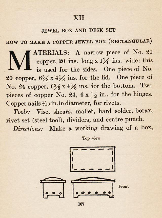 Chapter XII., ch.12, Jewel Box and Desk Set, copper, rectangular, tools, vise, shears, mallet, hard solder, silver, borax, rivet set, dividers, center punch, drawing