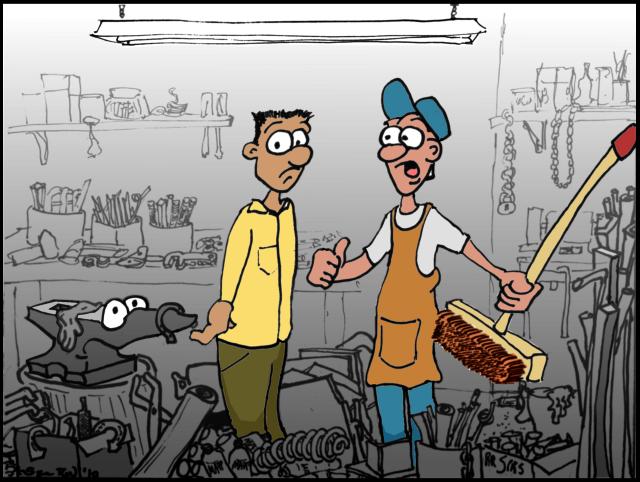 Two guys stand in shop crowded by boxes of 'stuff', trash and tools, one holding a broom. Anvil looks on.