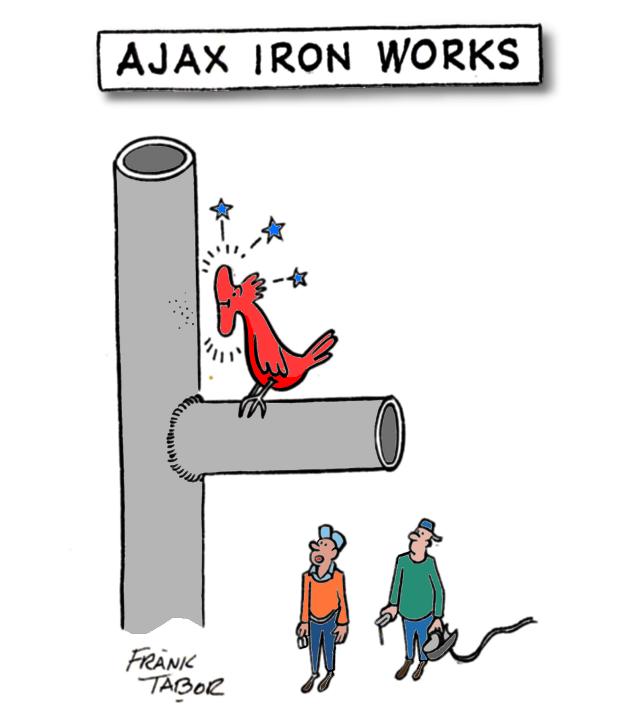 Ajax Iron Works.  Bird with hurt blunted beak on pipe tree.  Two welders talking. . . 
