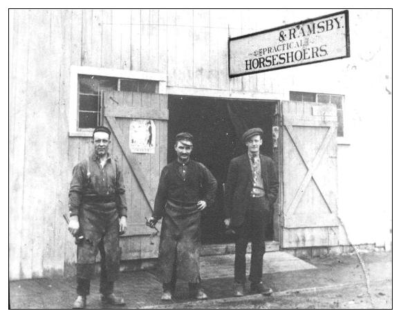 Frank Ramsby, Bob Roberts and Frank Wyllys, Ramsby, Horse Shoeing and General Blacksmithing, Kirkland, IL.