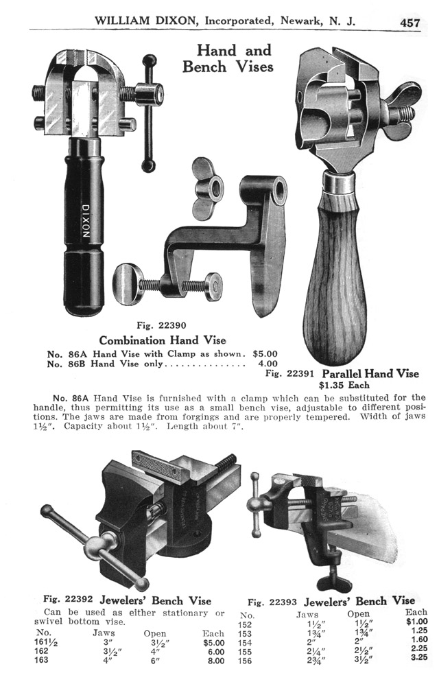 Dixon 1926 catalog. Page 457 Modern Parallel Jaw Hand Vises