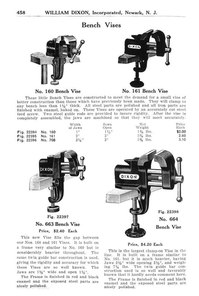 Dixon 1926 catalog. Page 458 Small Clamp-On Bench Vises