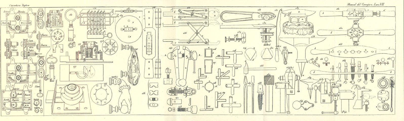Illustration plate VII, double acting lock mechanisims, knocker and handle art, hand clamps, taps, threading tools, hammer, tongs, screw plates, anvil, vises, leg and unique early swivel ball.