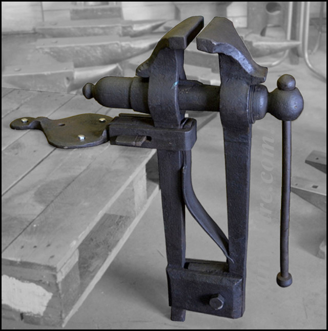 Huge blacksmiths Leg Vise from side with jaws nearly closed